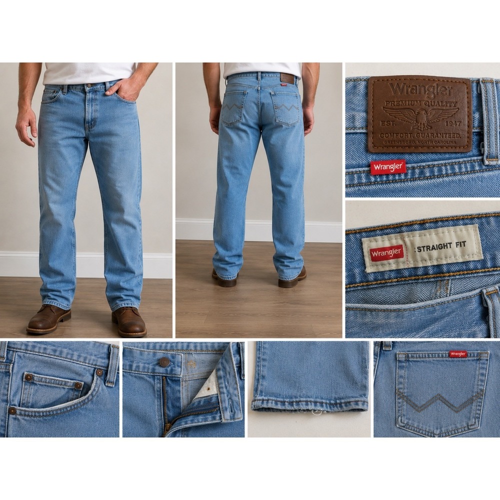 Wrangler Premium Quality Mens Straight Fit Jeans Light Wash Blue Denim 38x31
